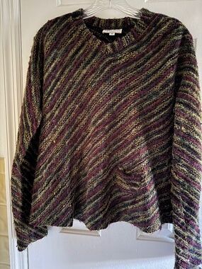 MONIKA TURTLE COLORFUL FALL SWEATER/TOP -BURGUNDY/OLIVE/BLACK KNIT- SZ SMALL
